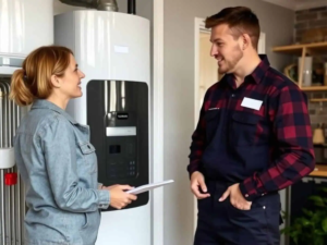 A woman and heating contractor chatting